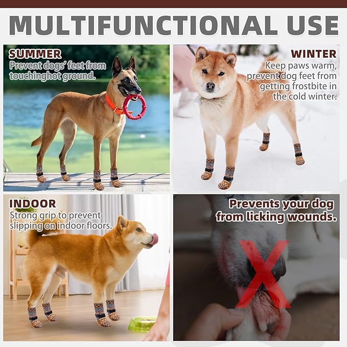 KOOLTAIL Dog Socks to Prevent Licking Paws for Hardwood Floors Anti Slip, Winter Warm Pet Boots&Paw Protector with Grippers, Double Sides Dog Shoes Booties for Small Medium Large Senior Dogs Khaki M