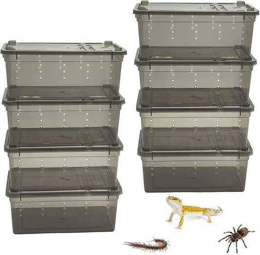 PINVNBY 8 PCS Reptile Feeding Box Portable Snake Breeding Box Lizard Cage Hatching Container 7.48"x4.92"x2.95" Transparent Plastic Pet Houses for Spider Scorpion Gecko Insect Tortoise Treefrog(Black)