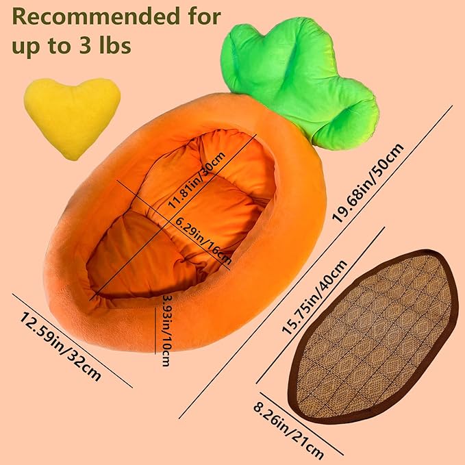 Bunny Bed,Thick&Soft Rabbit Bed with Removable Cushion,Machine Washable with Rattan Mat & Heart Decor,Cozy Warm Small Animal Sleeping Beds (Carrot Shape-M)