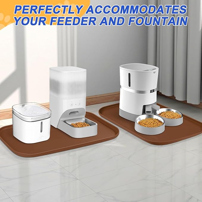 Silicone Pet Feeding Mat with Raised Edge for Food and Water, Dog Bowl Mats, Cat Bowls Placemat with High Lip for Floor Waterproof, Rubber Tray for Cats and Dogs 22 x 14 x0.8 Brown