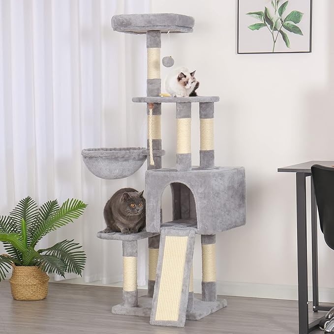 Heybly Cat Tree, Cat Tower for Indoor Cats with Scratching Board, Multi-Level Cat Furniture Condo with Feeding Bowl, Light Gray HCT010MW