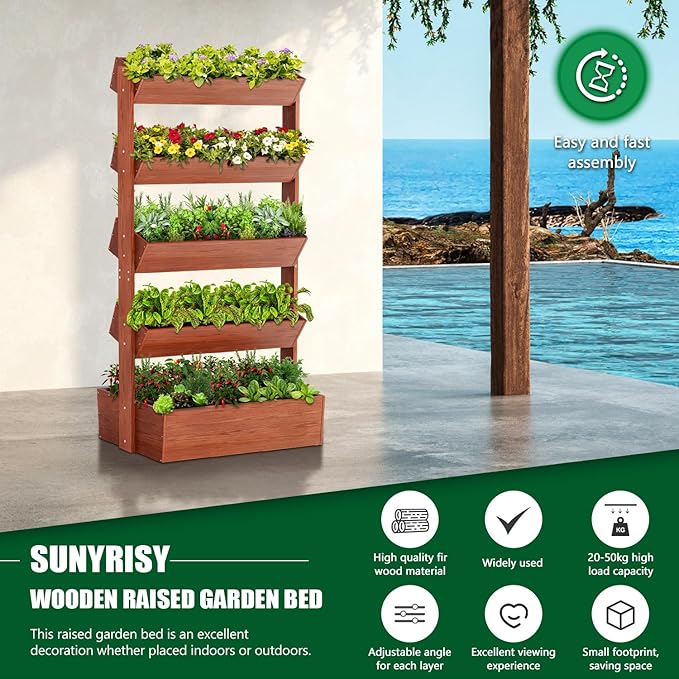 SUNYRISY 5 Tiers Vertical Wooden Raised Garden Bed Outdoor, Freestanding Garden Planter Box Stand for Planting Herbs Flowers Vegetables Outdoor Gardening