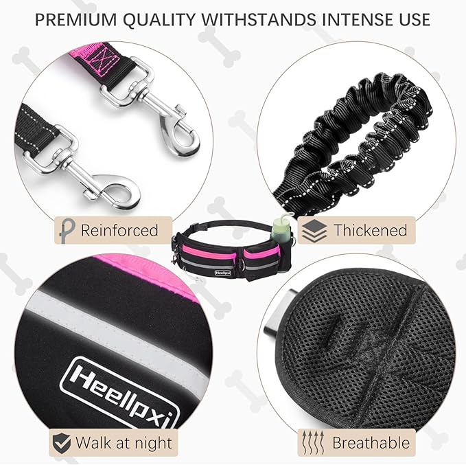 Hands-Free Dog Leash with Pouch, Waist Leash for Walking Two Dogs, Reflective Stitching, Dual Handle, Bungee Retractable for Medium to Large Dogs - Pink,Dog Walking Accessories