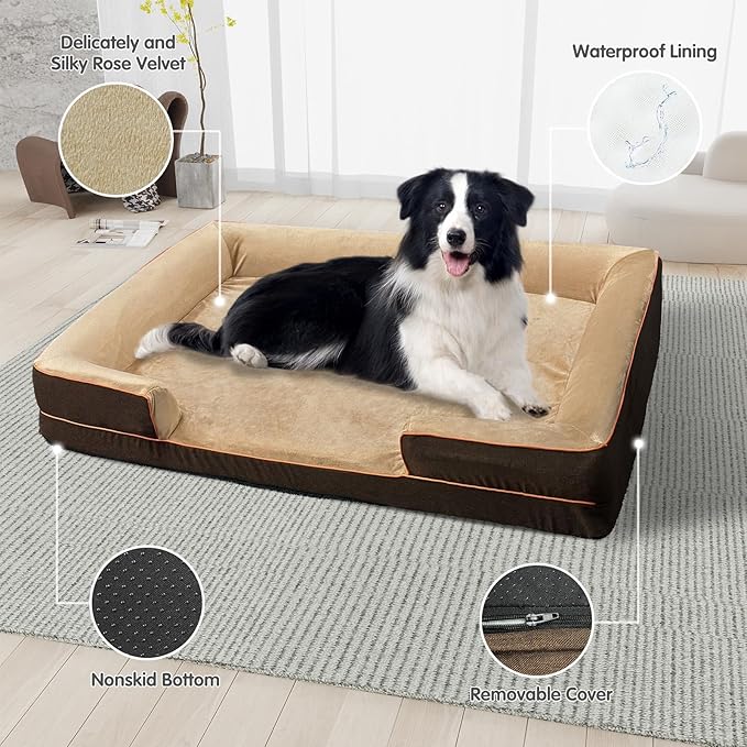 Dog Beds for Large Sized Dogs,Washable Orthopedic Memory Foam Dog Couch Sofa Bed with Bolster,Removable Cover,42x30Inch,Brown
