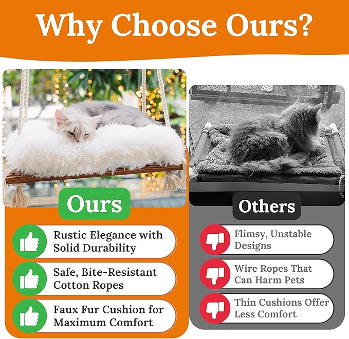 Cat Window Perch - Hammock Bed for Cats Inside - Solid Wood Seat, 4 Strong Suction Cups, Soft Cushion - Rustic Indoor Pet Shelf