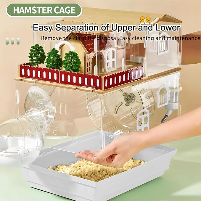 12 in 1 Clear Acrylic Hamster Cage with All Accessories,13.5''L* 10''W* 15''H Dwarf Hamster Cage,Magnetic Connection Small Hamster Enclosure,Garden Style Wooden Mouse Cage for Pet Mice(2-Layer,White)