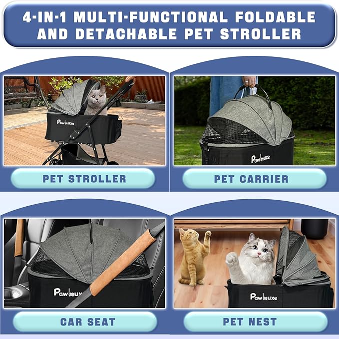 4 Wheels Pet Stroller 4 in 1 Pet Stroller with Detachable Carrier for Small & Medium Dogs Cats up to 55 lbs Easy-Folding Travel Dog Wagon with Car Seat Breathable Mesh,Blue Cartoon