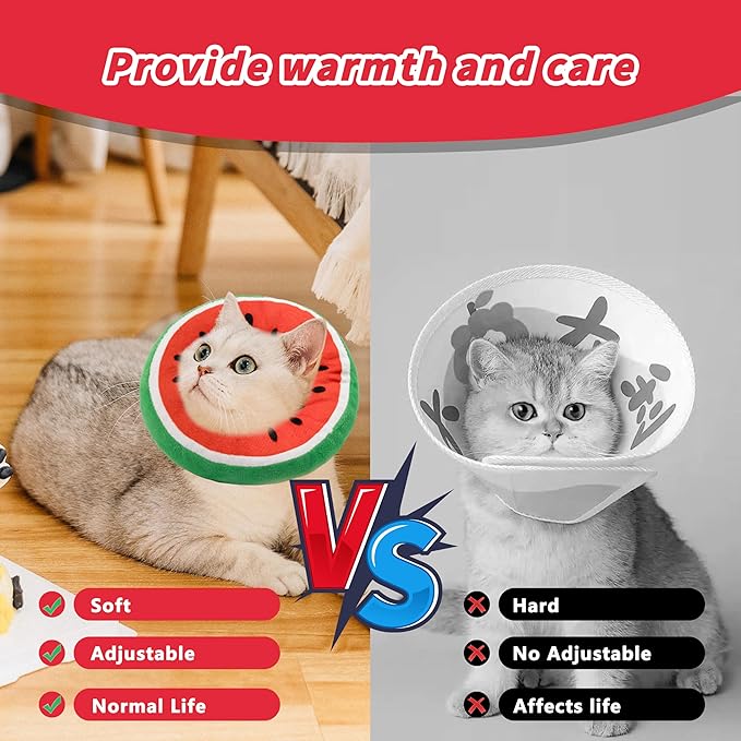Soft Cat Cone Collar, Cute Cat Recovery Collar Suitable for Small, Medium, Large Cats,Elizabethan Neck Collar for Cats After Surgery (Watermelon, Medium)
