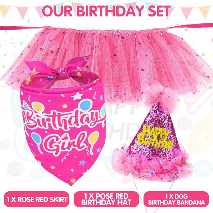 SCENEREAL Dog Birthday Bandana with Hat and Dress Girl Set, Puppy Birthday Party Supplies, Cute Pink Tutu Skirt Outfit for Small Medium Large Dogs