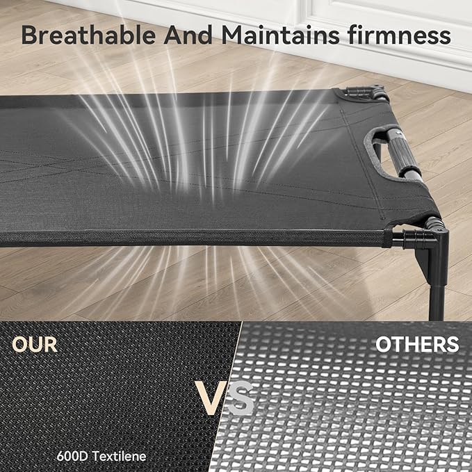 Petsfit Elevated Raised Outdoor Dog Bed - Cooling Elevated Dog Cot, Upgraded Adjustable Firmness Pet Bed，Pet Hammock Bed with Chew Proof Breathable Teslin Mesh，Non Slip, Black 42”