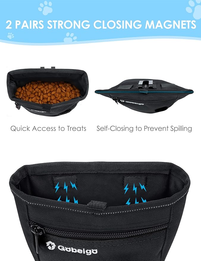 Gobeigo Dog Treat Pouch and Training Clicker, Upgrade Two Magnetic Closure to Prevent Spills, 2 Cup Treat Bag with Poop Bag Dispenser, Metal Clip Waist Belt Fanny Pack for Pet Walk (Black)