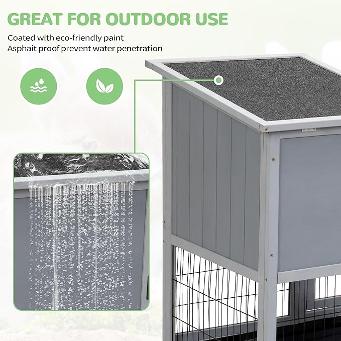 Rabbit Hutch Indoor Outdoor Bunny Cage 39" L Large 2-Story Wooden Small Animal House Enclosure with Wheels, 2 Removable Trays, Waterproof Openable Roof, Grey