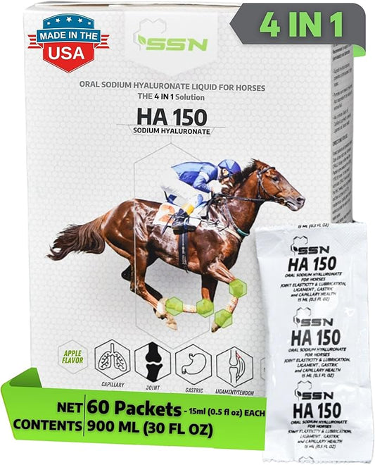 SSN HA 150 - 4 In 1 Horse Supplement - 60 Servings - Equine Joint, Gastric, Ligament/Tendon, Lung Capillary Health - Glucosamine Alternative - (60 Pack, 150mg Sodium Hyaluronate per Serving)