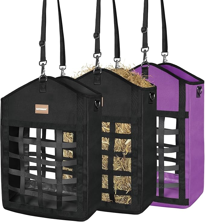 Innovative Hay Bags for Horses, Goat Hay Feeder with Reinforced Oxford Fabric and High Strength Metal Clasp,Horse Feeding Supplies with Adjustable Strap for Easy Hanging (2 Black+1 Purple)