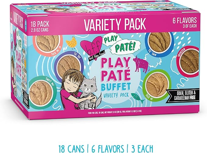 Weruva B.F.F. Play - Best Feline Friend Paté Lovers, Aw Yeah!, Play Paté Buffet Variety Pack, 2.8oz Can (Pack of 18)