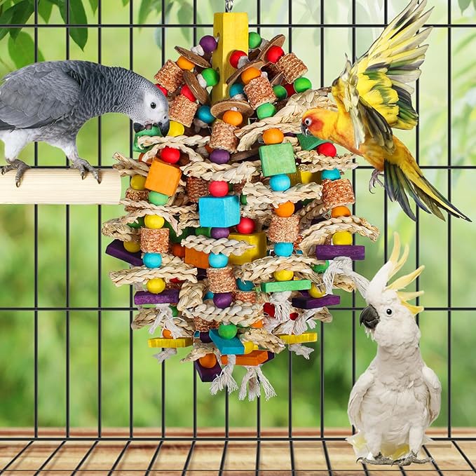 Medium Large Parrot Toys 20in Chewable Bird Toy with Coconut Shell, Poplar Wood, Corn Cob, 112 Schima Wood Beads Bird Shredding Toys Parakeet Macaw Cockatiel Conure African Grey Parrot Gifts