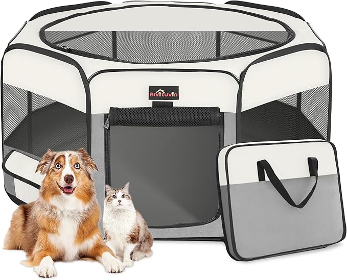 Aivituvin Dog Playpen Foldable Pet Play Pens with Carrying Bag for Cat, Puppies, Rabbits, Chickens, Durable Portable Pet Tent for Travel Camping Indoor/Outdoor Grey M