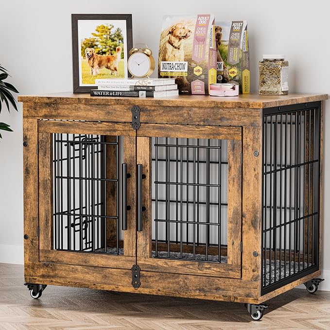 Lulive Dog Crate Furniture, Dog Kennel Indoor Double Doors Wooden Dog Cage, 32'' Heavy Duty Dog Crate with Cushion & Wheels, Decorative End Table Pet House Chew-Resistant for Medium/Small, Brown