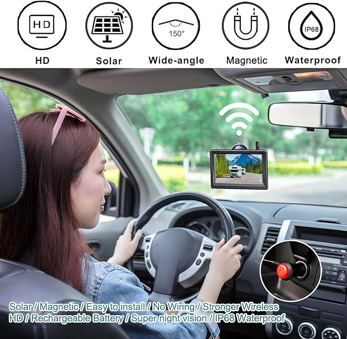 Wireless Backup Camera for Trucks & RVs, Solar - Powered - Magnetic, Portable, No - Drill, No - Wire Easy Install, Night Vision, Rechargeable with 5" HD Monitor systems for Car, Camper, Trailer