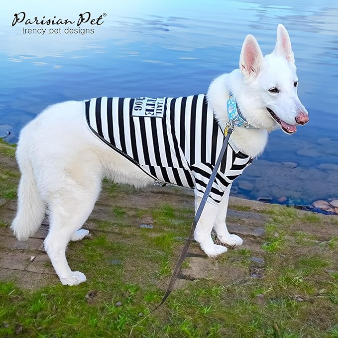 Parisian Pet - Medium Dog Shirt - Black & White Striped - Cotton & Polyester - Sleeved & Lightweight - Prisoner Dog Theme (Medium)