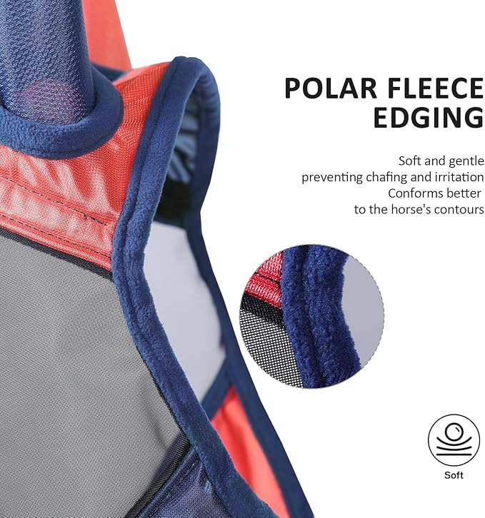 Harrison Howard Pro Luminous Horse Fly Mask Large Eye Space Half Face with Ears UV Protection for Horse Coral Orange/Navy M