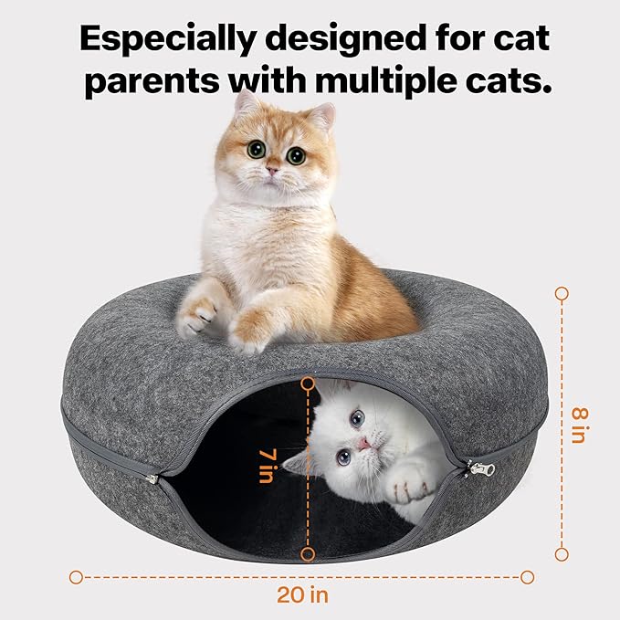 Pawise Peekaboo Cat Cave Donut Tunnel Bed, Cat Tunnel Bed,Bonus Separate Pom-Pom Bell Toy (Not Attached to Cave),Convertible Felt Cats Cave for Indoor Catty(Large)