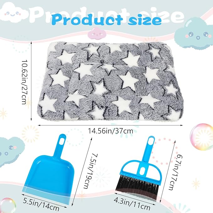 Yulejo 6 Pieces Guinea Pig Bed Mats with Cleaning Dustpan Brush Washable Plush Cage Lines Soft Fleece Sleeping Bedding Pads for Hamster Bunny Chinchilla Squirrel Small Animals (Cute Color, Star)