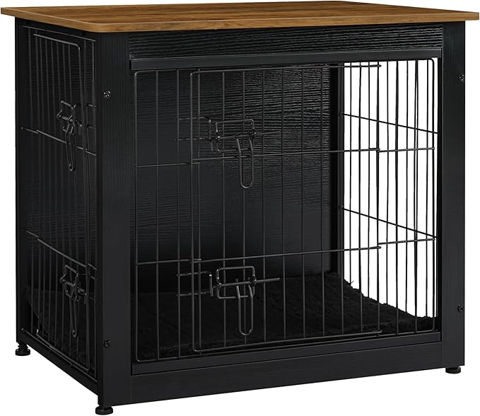 DWANTON Dog Crate Furniture with Cushion, Wooden Kennel Table with Double Doors, Indoor Dog House, Small/Medium/Large Size, 27.2" L, Black+Warm Brown