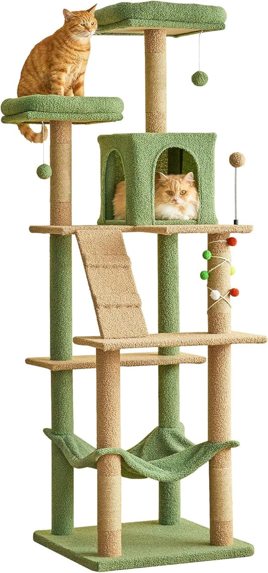 MWPO 70.1-Inch Green Large Cat Tree, Multi-Level Tall Cat Tower for Indoor Cats, Plush Cat Condo with Big Padded Perches, Sisal-Covered Scratching Posts, Hammock, Toys for Kittens & Cats