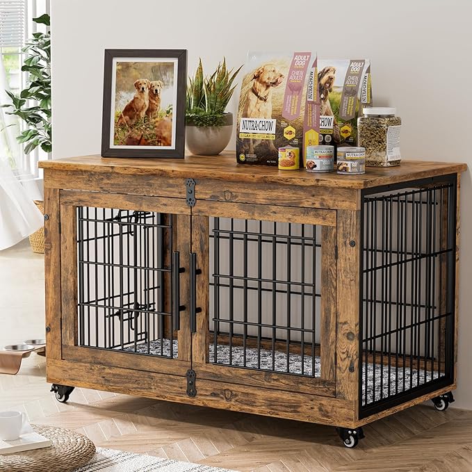 Lulive Dog Crate Furniture, Dog Kennel Indoor Double Doors Wooden Dog Cage, 38'' Heavy Duty Dog Crate with Cushion & Wheels, Decorative End Table Pet House Chew-Resistant for Large/Medium, Brown