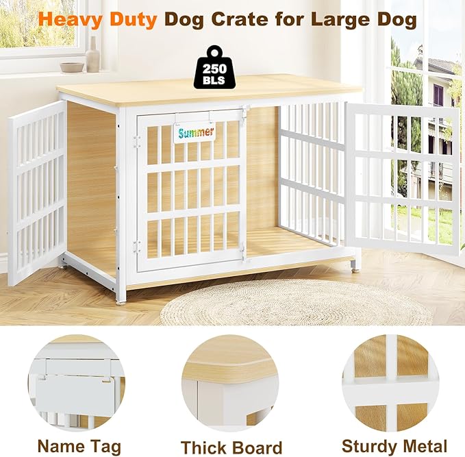 EasyCom Heavy Duty Dog Kennel Indoor with Name Tag, XL Dog Crate Furniturefor Large and Medium Dogs, Double-Doors Sturdy Dog Cage for Anxiety Dog, Decorate House as TV Stand, End Table, Bedside Table
