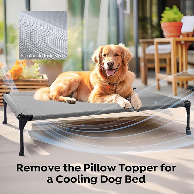 Veehoo Cooling Elevated Dog Bed Add Removable Waterproof Bolster Cushion Mat, Raised Pet Cot with Breathable Teslin Mesh, No-Slip Feet, Dog Couch Bed for Indoor Outdoor, 32x25inches, Grey, CWC2331B
