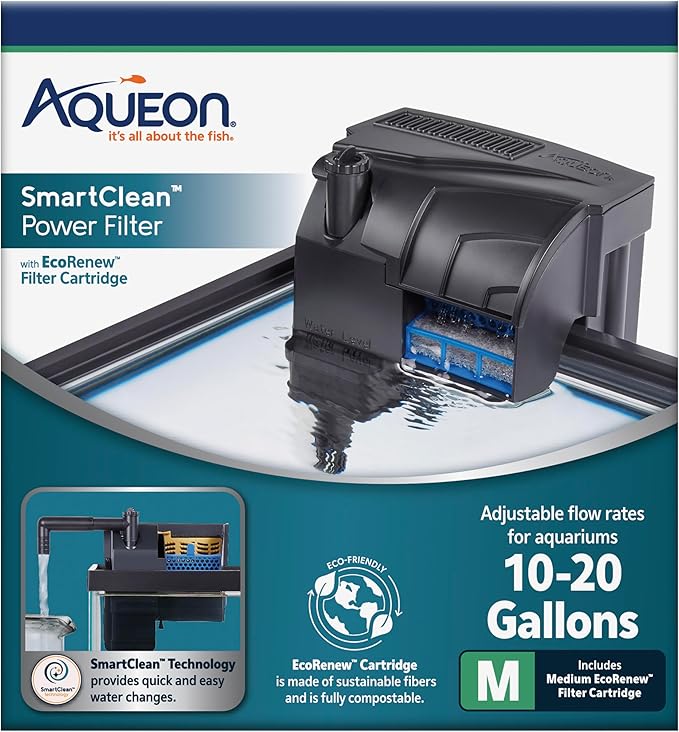 Aqueon Aquarium Fish Tank SmartClean Power Filter with EcoRenew Filter Cartridge, 10-20 Gallons