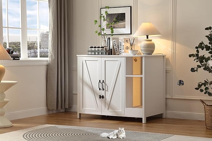 Cat Litter Robot Enclosure,for Placing Litter Robot 3/4,Power Outlet and Dog-Proof Shelf for Litter Robot Cabinet,Litter Collector for Automatic Litter Box Enclosure,Cloud White