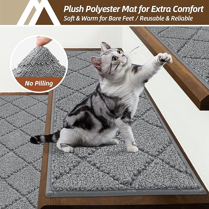 COSY HOMEER Stair Treads for Wooden Steps 9"x28" Washable Indoor Carpet Stair Treads Non Slip Soft Polyester Stair Carpet Tread Reusable Stair Runner Rugs for Kids, Elders,Pets,Medium Grey,10pcs