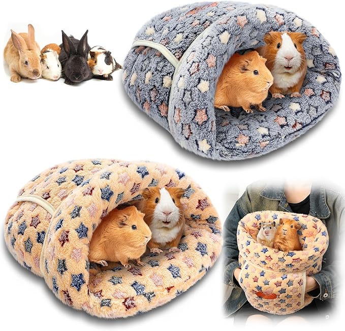 Wenqik 2 Pcs Guinea Pig Bed Cuddle Warm Hideout Small Animal Sack Cozy House Bedding Sleeping Cushion Portable Pet Carrier Cage Nest for Rabbit Hamster Rat (Blue, Khaki,Star)
