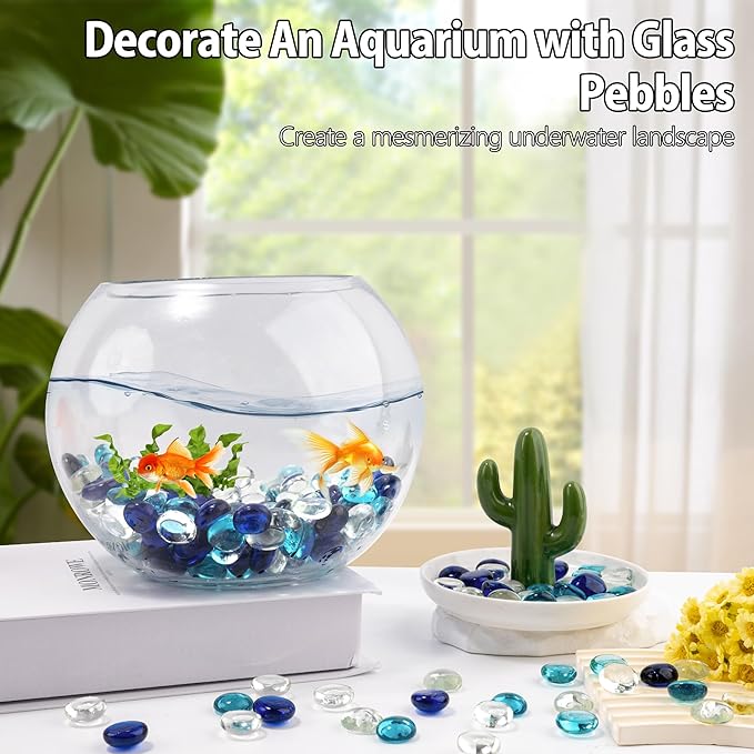 1LB Mixed Blue Glass Marbles, Transparent and Smooth Flat Glass Beads for Vases, Mosaic Gem Pebbles for Aquarium Decor, Floral Arrangements, Mancala Stones, Vase Filler and Crafts (Approx. 80-100 PCS)