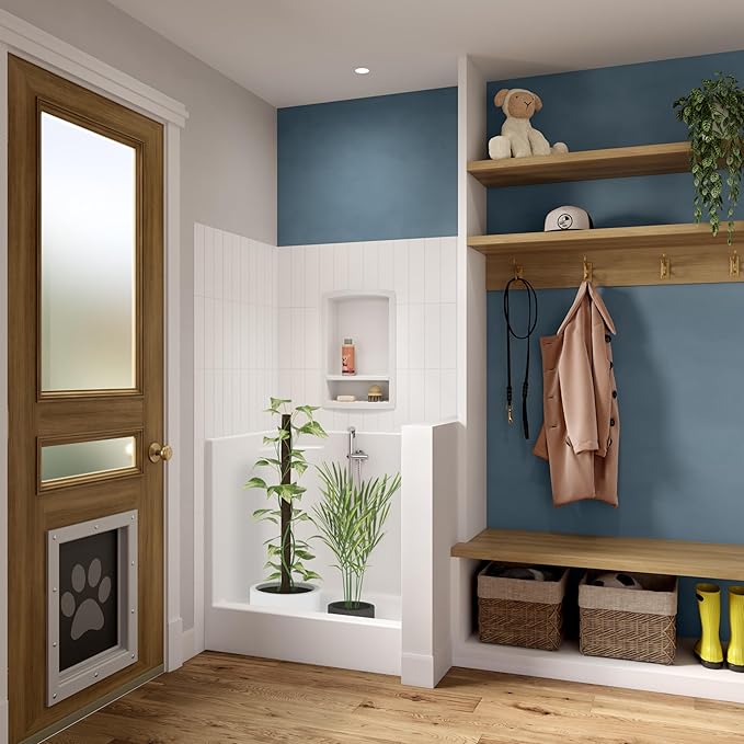 Laurel Mountain Odie 36" x 27" x 36" AcrylX Alcove Center Drain One-Piece Pet Shower in White with Hand-Held Sprayer in Matte Black