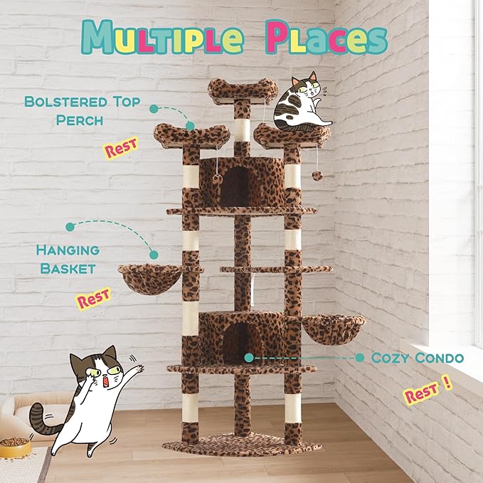 SHA CERLIN 73in Fan-Shaped Corner Cat Tower for Save Space/Multi-Level Tall Cat Tree for Indoor Kitties/Condo with Baskets/Cozy Perches/Sisal Scratching Posts/Pet Activity House/Leopard Print