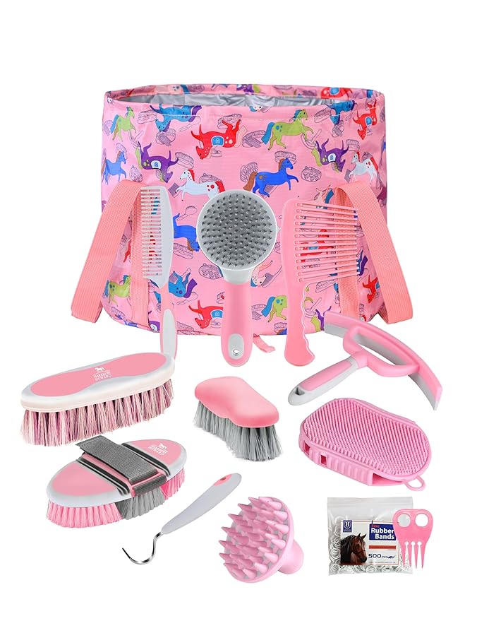 Harrison Howard Horse Grooming Kit 11-Piece Equine Care Series Horse Brush Sets with Organizer Tote Bag Tack Room Supplies Shedding Grooming Massaging Tools Pink Brushstroke Ponies