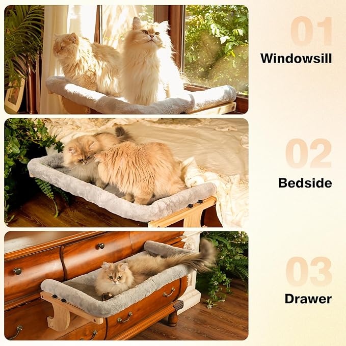 Oversized Cat Window Perch, 31.5 x 14.96 in, Cat Window Hammock with Plush Bolster for Large Felines and Multi Felines, Adjustable Cats Bed for Windowsill, Bedside, Cabinet & Drawer (Gray)