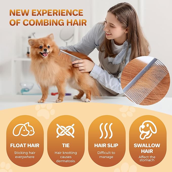 7.5 Inch Professional Stainless Steel Pet Grooming Comb for Dogs & Cats, Wide & Dense Teeth for Removing Tangles, Knots,Undercoat,Flea,Excess Hair, Rounded Corners Design for Safe,Metal Dematting Tool