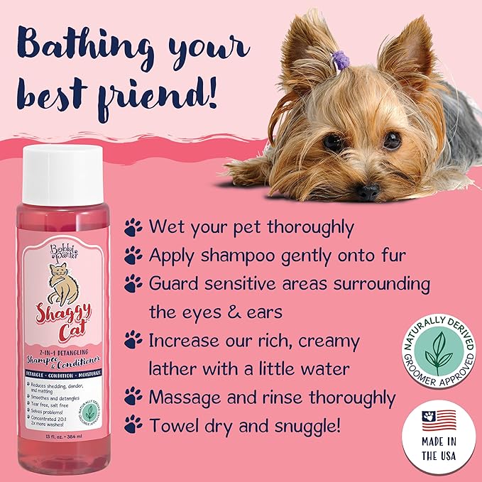 Bobbi Panter Cat Shampoo and Conditioner - Made in USA - All Natural 2-in-1 Formula for Reducing Shedding, Dander, Matting - Concentrated 10:1 for Professional Groomers - Watermelon Scent, 13 Oz
