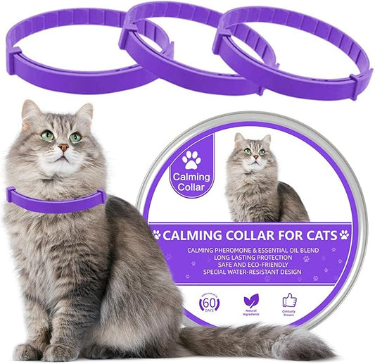 Wustentre 3 Pack Adjustable Anxiety Collar - Cat Calming Pheromones for Cats & Kittens, Stress Reliever - Relaxing Comfortable Collar (Violet)