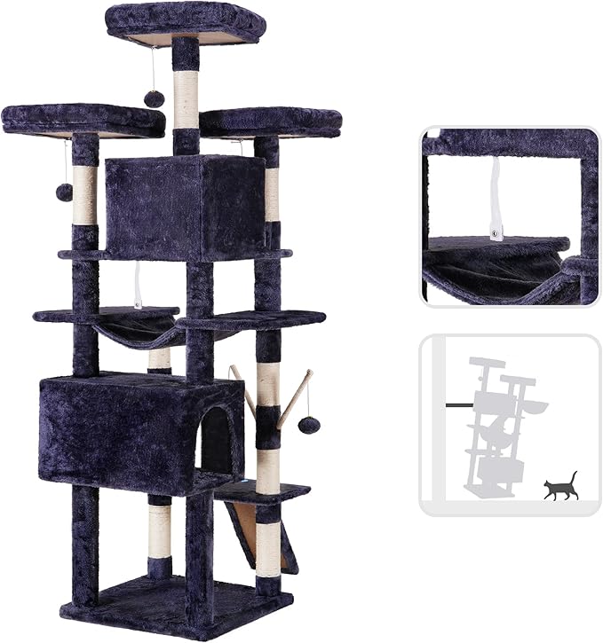 Hey-brother Cat Tree, 71 inches XL Large Cat Tower for Indoor Cats, Multi-Level Cat House with 3 Padded Perches, Big Scratcher, Cozy Basket, 2 Cat Condos and Scratching Posts, Smoky Gray MPJ034G