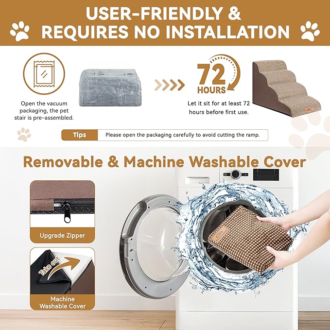 Dog Ramp and Stair for Bed 16" H-20 H,3-Step Cat Stair for Sofa and Chair,4-Step Dog Ramp for High Bed and Window,Durable Nonslip Fabric Cover for Indoor (Coffee-20 H, Pet Friendly, 4)