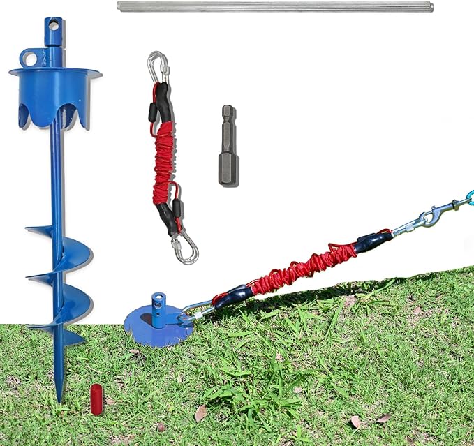 Dog Stakes for Outside Heavy Duty Hold up to 350Lbs Large Dogs Tie Out Tether Leash Chain for Yard Screw in Ground Anchors 17inch with Buffer Rope, Blue