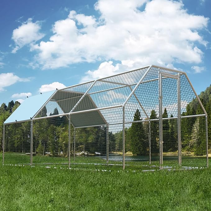 4ever2buy 1.26’’ Large Metal Chicken Coop Run Walk in, Chicken Pen for Chickens, Outdoor Chicken Runs Coops, Flat Roofed Chicken Runs for Yard with Anti-Ultraviolet Cover (9.2’L x18.7’Wx 6.4’H)