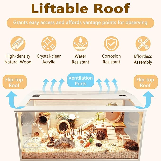 Hamster Cage with Legs Chew Proof Hamster Habitat Guinea Pig Cages, Hamster House, Hamster Cages and Habitats (32" L x 16" W x 40" H, Thick Wood Roof)