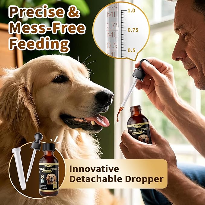 Milk Thistle for Dogs – 9-in-1 Liver and Kidney Support Drops with Artichoke, Resveratrol, Marigold Extract, 100% Natural Detox Supplement for Liver Function, Split Dropper, Chicken Flavor, 2Oz